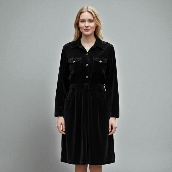 Vintage Boston Proper Black Velvet Button Up Midi Dress Gold Buttons Size M - Picture 1 of 15